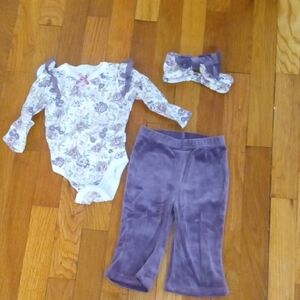 Floral Baby Outfit with Headband pants long sleeve purple and ivory 6-9 months